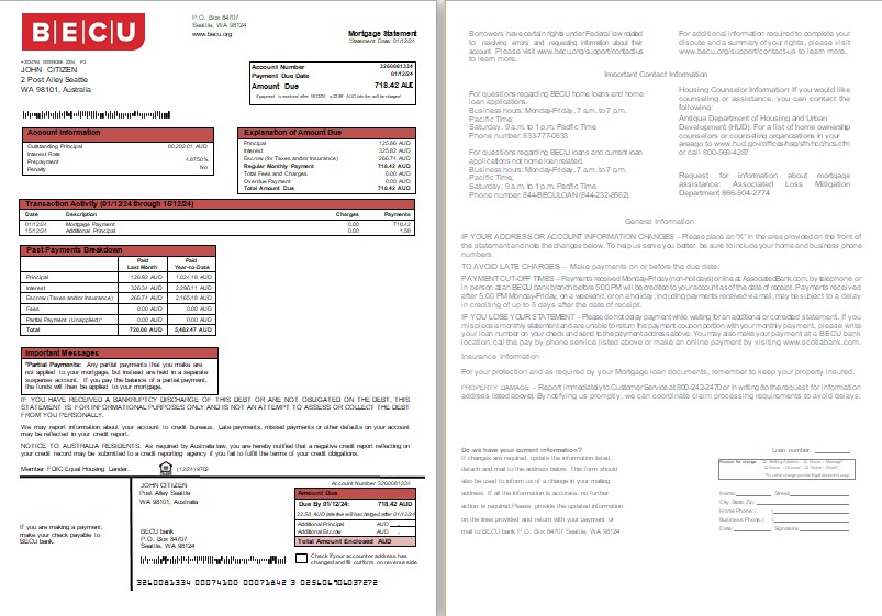 Download Australia BECU bank mortgage statement, 2 pages, 1 2  scr Photoshop template